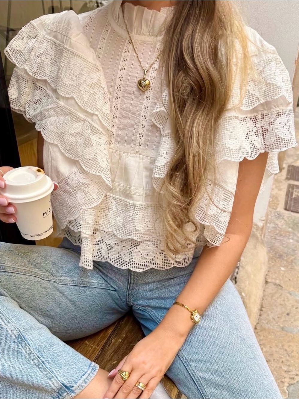 Sezane Leanie White Lace Trimmed Blouse/Top